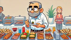 a black and white cartoon of a man standing at a buffet table looking a little overhelmed