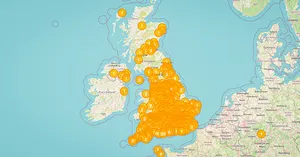 a screenshot of a uk map with markers showing where visitors to the great field parkrun come from