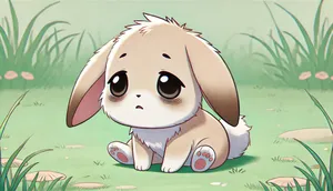 an anime bunny sat on the grass looking sad and tired