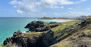 a landscape photograph of the coast of cornwall, taken on the coast path near to Zennor, looking towards St Ives