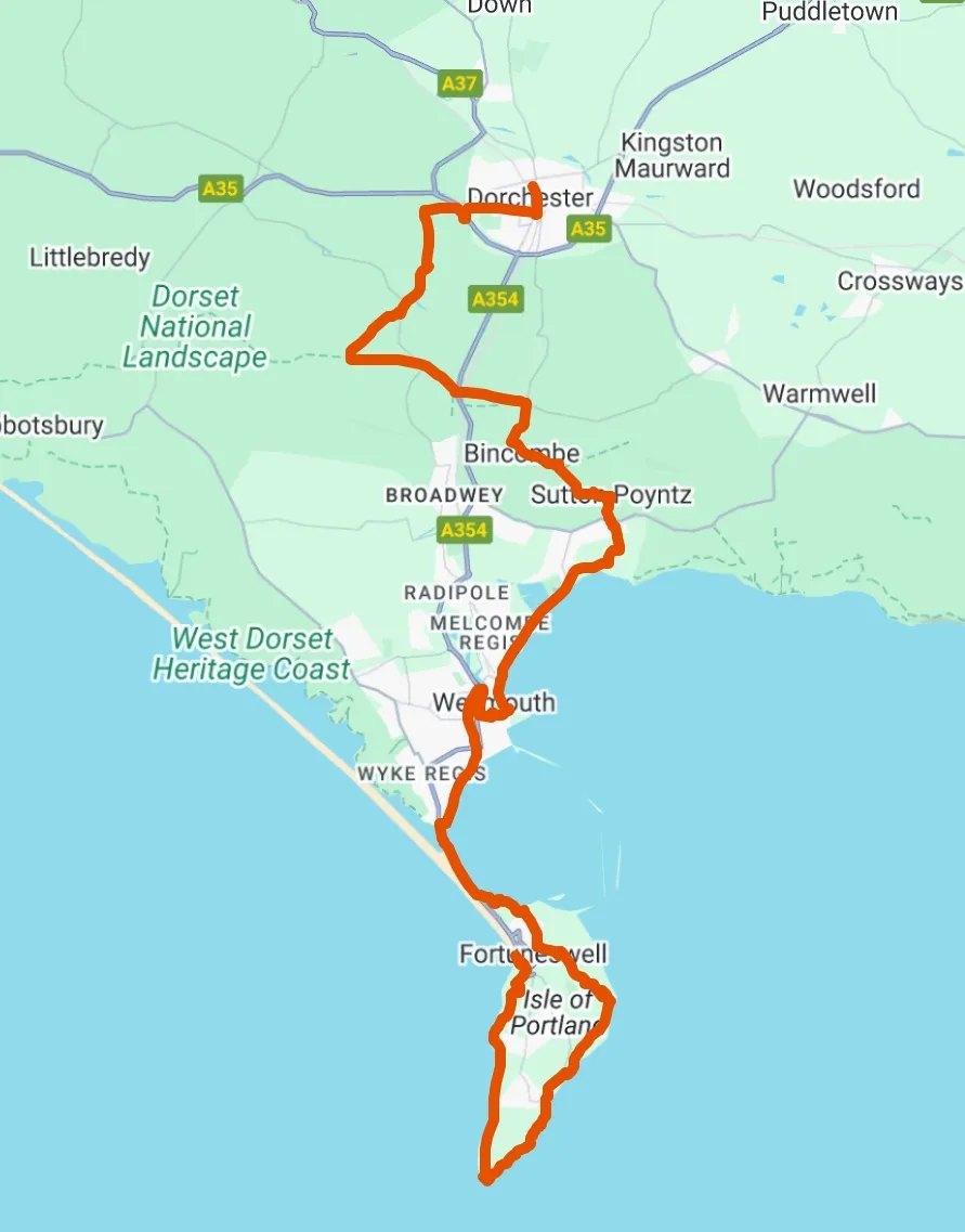 a map showing the intended route of my birthday walk route from portland to dorchester depicted by a red line