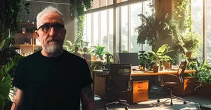 a photo of me standing in an AI-generated office filled with beautiful plants...my ideal mind palace