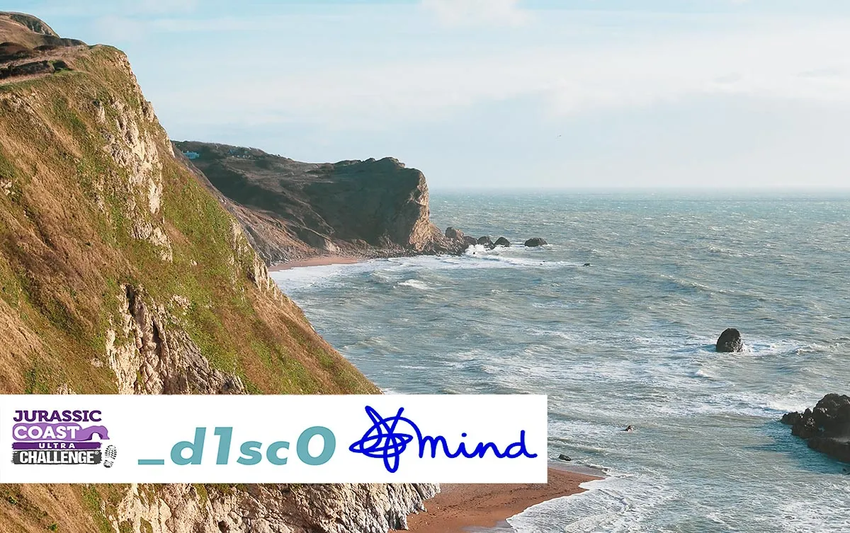 Dorset coast line and logos for mind and the jurassic coast challenge