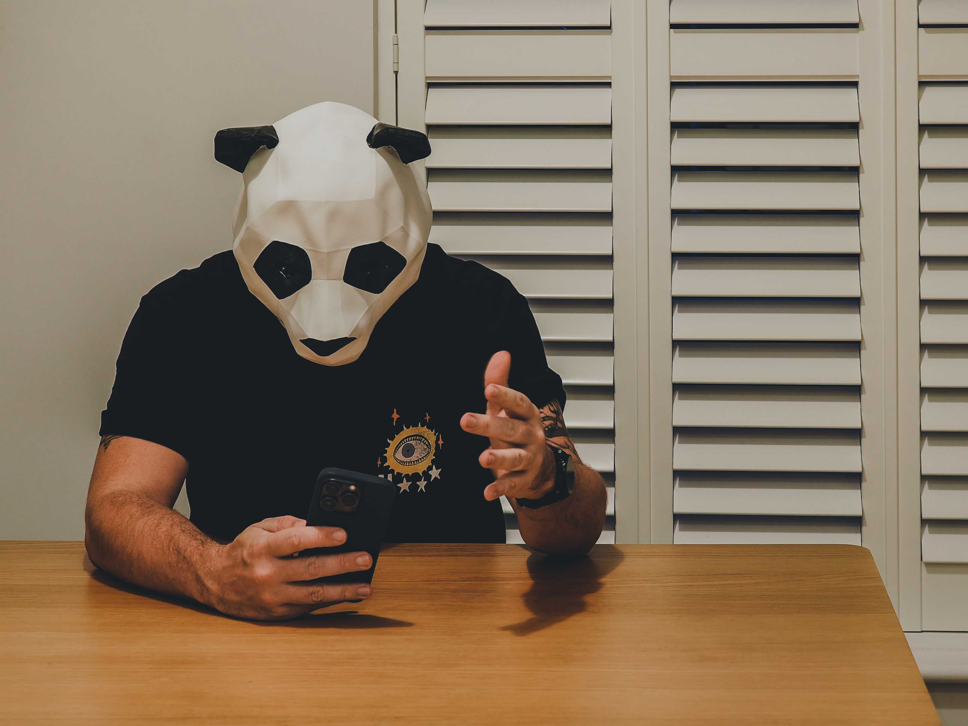 I sit at the table weaking a panda mask, staring at my phone